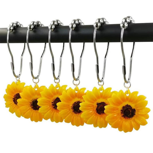 Sunflower Design Shower Curtain Ring Hook, 12pcs Rustproof Shower Curtain Hook for Bathroom Shower Curtain Rod, Bathroom Accessories