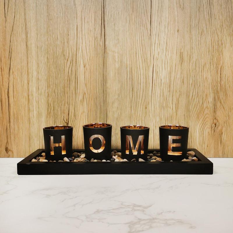 Home Letters Design Glass Candle Holder, 1 Set Including Four Cup Creative Warm Lovely Candle Holder with Wooden Base & Mini Decorative Stone, Lighting Decor for Home Living Room Office Dinning Room