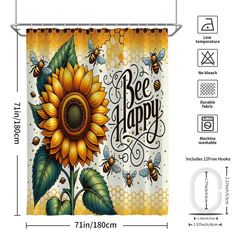 Sunflower & Bee & Letter Pattern Shower Curtain, 1 Count Waterproof Shower Curtain with Hooks, Bathroom Accessories for Home Dorm Hotel