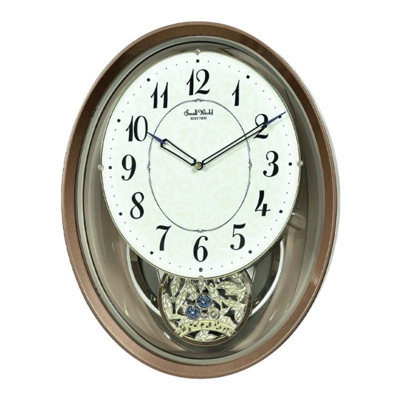 "Bloom" RHYTHM Small World Musical Motion Wall Clock - Decorative swinging pendulum movement, Crystals, Simplistic aesthetic decor, Hourly music, 18 total melodies, Automatic night shut-off