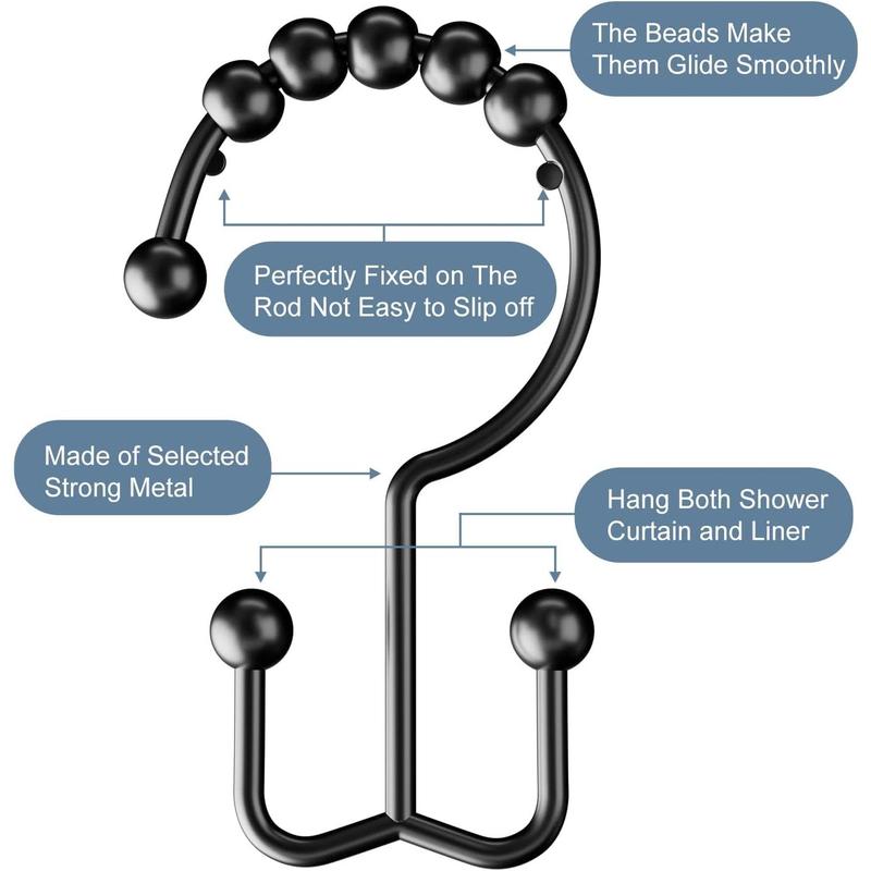 Shower Curtain Hooks Rings, Sturdy Shower Curtain Hooks Rings Rust Proof Metal Double Sided Shower Hooks Rings for Bathroom Shower Curtain Rod Curtains, Set of 12 Hooks