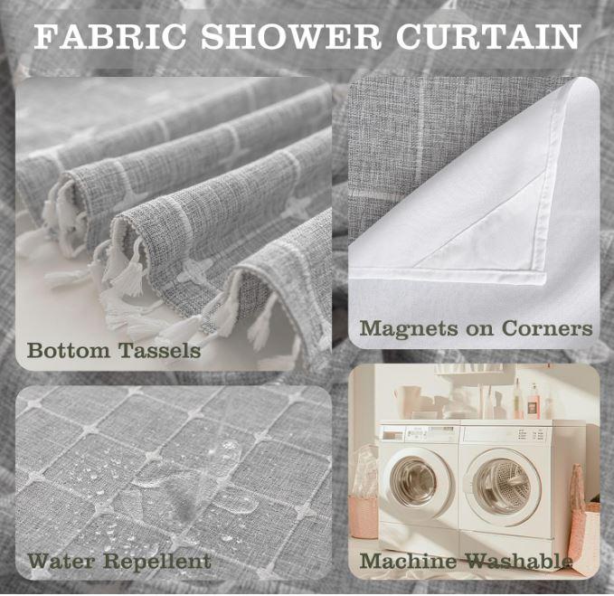 Farmhouse Shower Curtain with Snap-in Liner,No Hooks Needed,Boho Fabric Shower Curtains with Tassels for Rustic Neutral Bathroom Decor,with Magnets,Water Repellent&Machine Washable,Grey,71x74Inch,New Year gifts