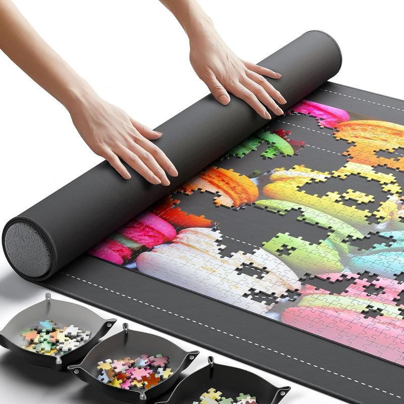 Newverest Jigsaw Puzzle Mat Roll Up, Saver Pad 46" x 26" Portable Keeper Up to 1500 pieces with Non-Slip Rubber Bottom and Smooth Polyester Top + 3 Puzzle Sorting Trays and Travel-Friendly Storage Bag