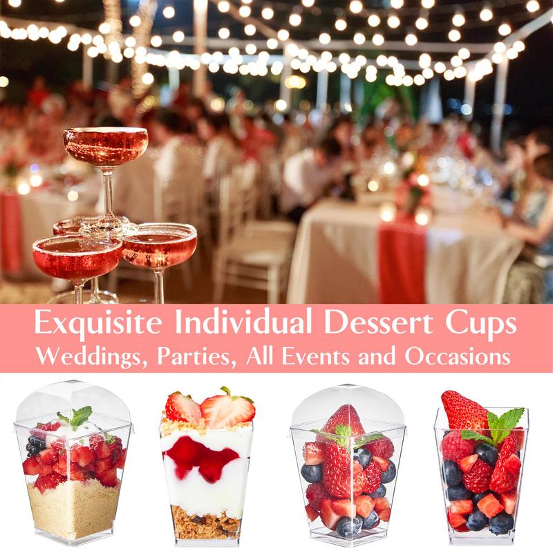 50 Pack 5 oz Mini Dessert Cups with Lids and Spoons, Square Clear Plastic Dessert Shooters Party Serving Tumbler Cups for Parfait Appetizers & Dessert Shot Glasses (Dome) Disposable