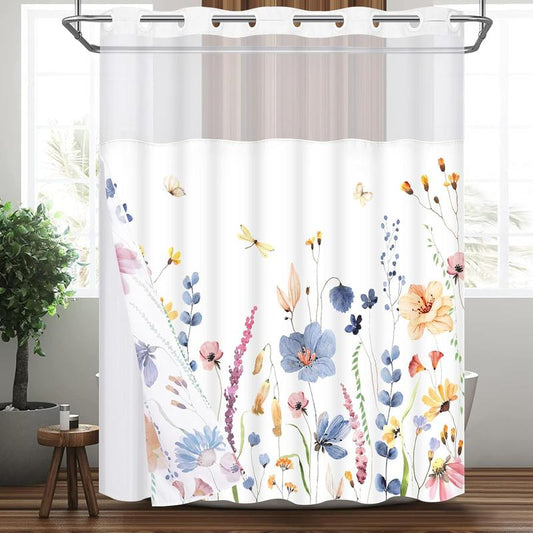 Likiyol Blue Beige Floral No Hook Shower Curtain with Snap in Liner, Watercolor Flower Shower Curtain with Liner, Hotel Style Modern Shower Curtain with See Through Top Window, Waterproof, 71" x 74"