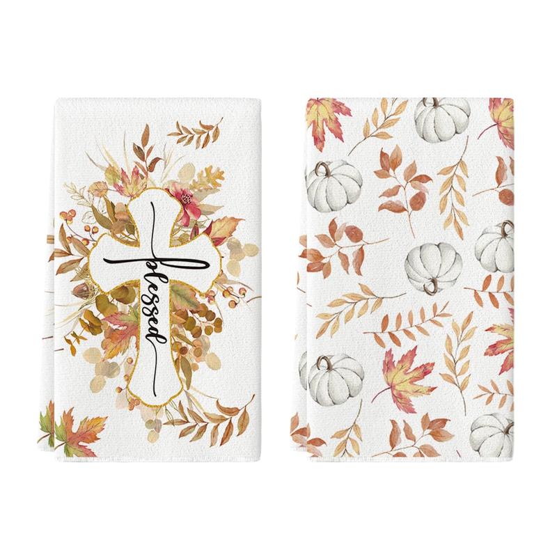 Maple Leaves Pumpkin Fall Kitchen Towels Dish Towels, 18x26 Inch Cross Blessed Thanksgiving Decoration Hand Towels Set of 2   Absorbent Household