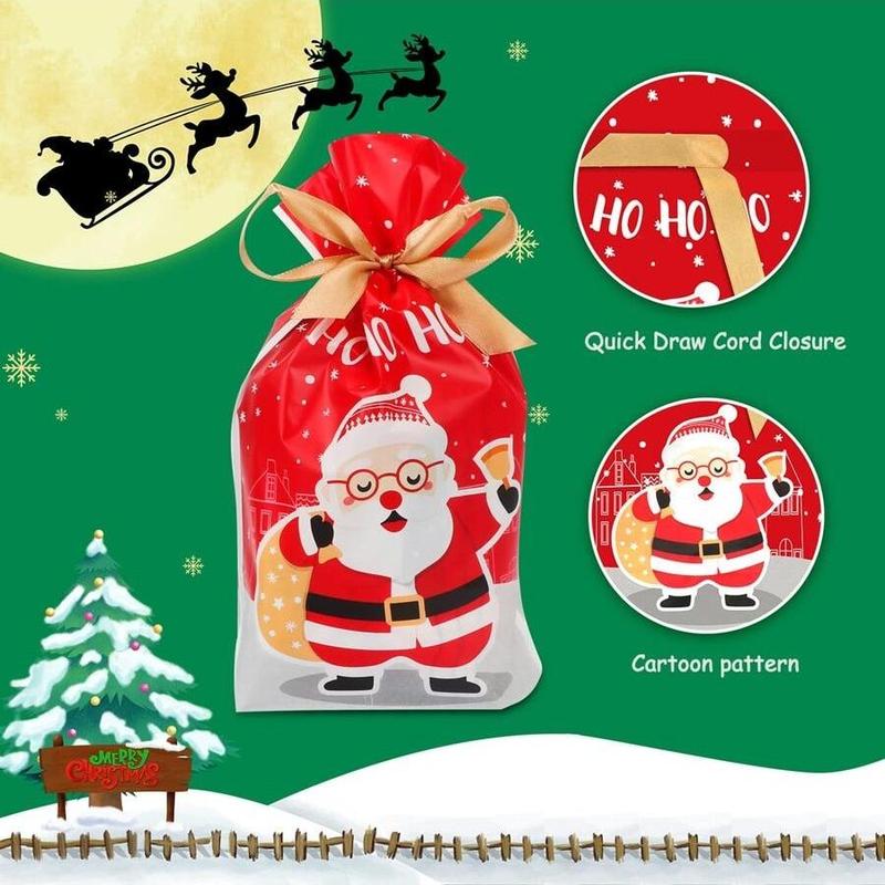 Christmas Theme Party Candy Gift Storage Bag, 50pcs/set?Cartoon Santa Claus Pattern Party Favor Bag With Drawstring, Candy?Bag, Christmas Party Supplies