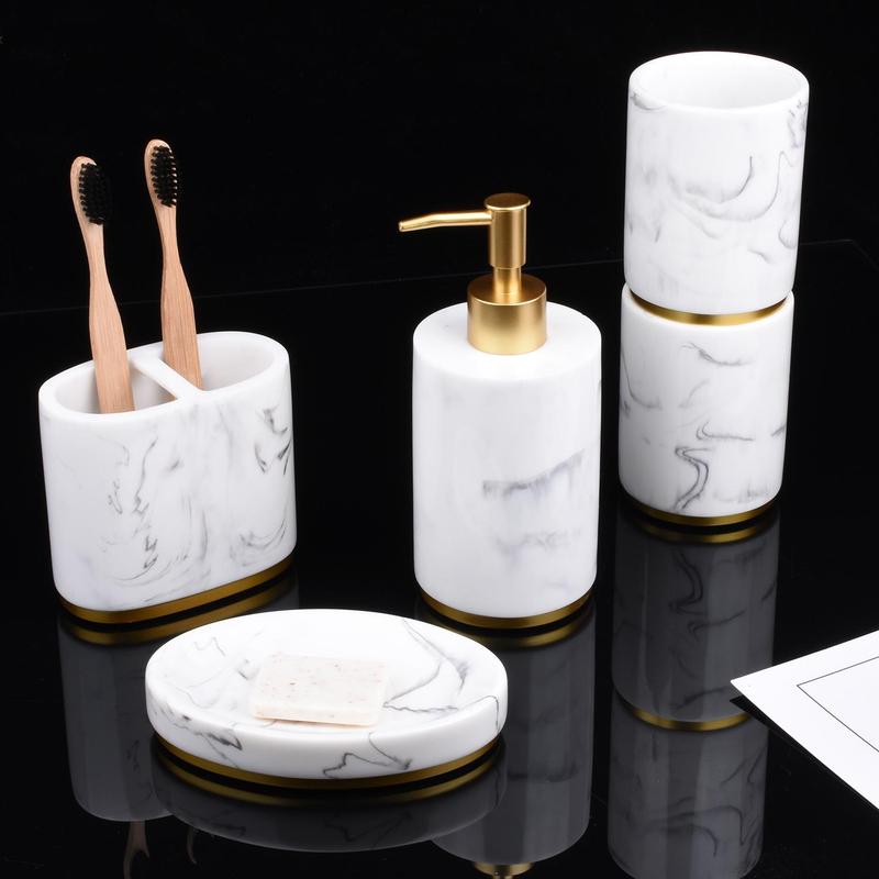 5pcs Marble Pattern Bathroom Set, Including 1 Soap Dispenser, 1 Toothbrush Holder, 1 Soap Bar Dish, 2 Mouthwash Cups, Bathroom Supplies for Home Hotel