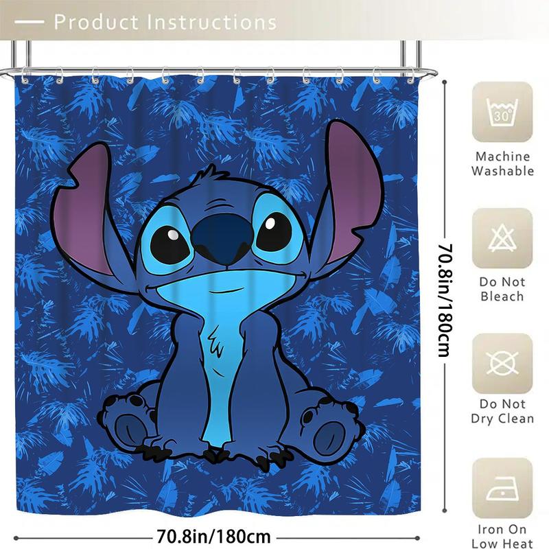 Cartoon Stitch Character Pattern Bathroom Accessories, 1 Count Shower Curtain with Hook Or 4 Counts Shower Curtain & Bath Mat Set, Halloween Decor Bathroom Decor, Bathroom Gadgets 2024, Fall Decor