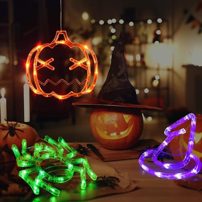 LOLStar Halloween Decorations 3 Pack Orange Pumpkin Green Spider Purple Witch Hat Halloween Window Lights with Suction Cup Battery Operated Halloween Lights, Upgrade Slow Fade Mode Timer Function