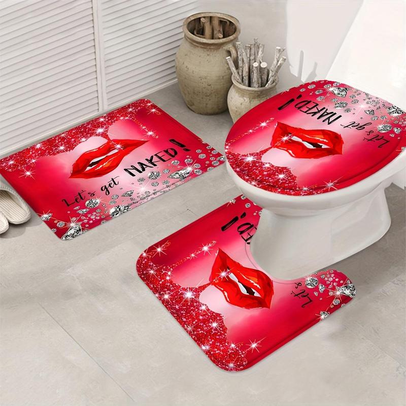 Letter & Lip Pattern Bathroom Set (4 Counts) Including 1 Count?Waterproof Shower Curtain (with 12 Hooks), 1 Count?Toilet Lid Cover, 1 Count?Rectangular Mat & 1 Count?U-shaped Mat, Bathroom Accessories