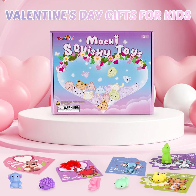 36 Packs Valentines Day Squishy Toy Gift Cards for Kids,12 Kinds Mochi to Squeeze with Greeting Cards, Valentines Day Gifts for Kids Classroom Exchange Prizes Valentine Party Favor