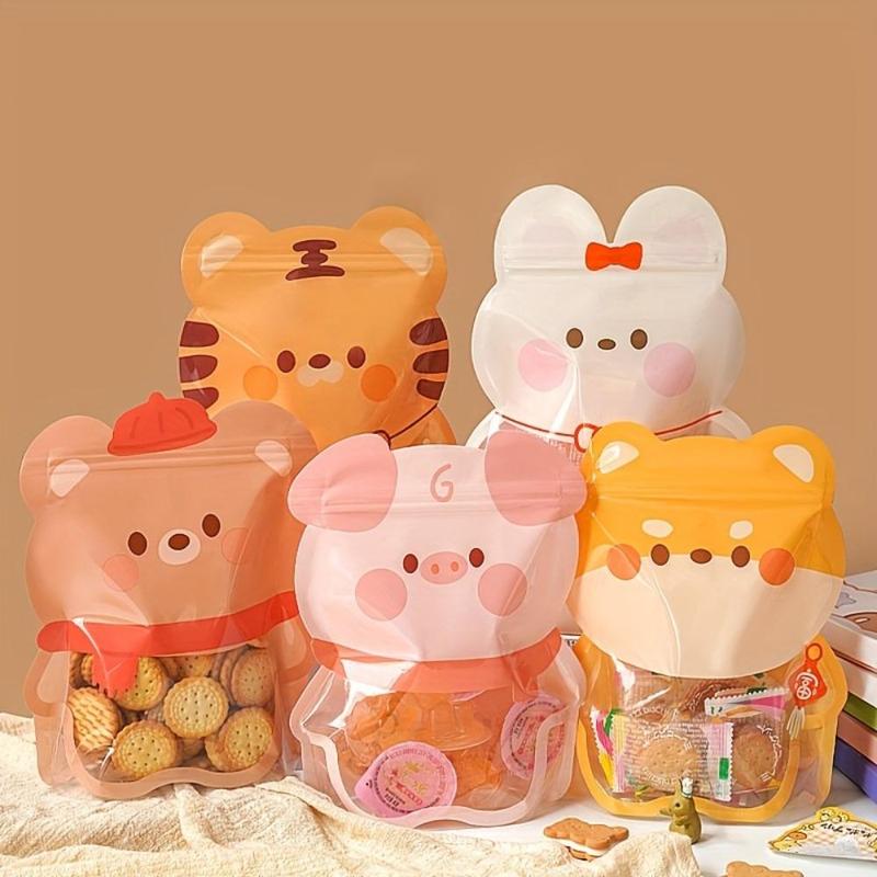 Cartoon Animal Pattern Gift Bag, 5counts/set Cute Candy Packaging Bag, Cookie Bag For Birthday Party, Gift Supplies