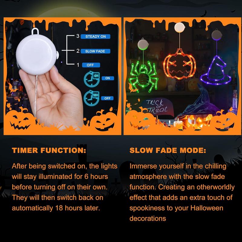 LOLStar Halloween Decorations 3 Pack Orange Pumpkin Green Spider Purple Witch Hat Halloween Window Lights with Suction Cup Battery Operated Halloween Lights, Upgrade Slow Fade Mode Timer Function