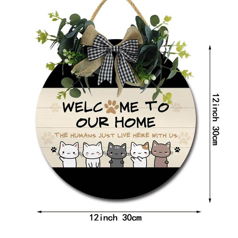 Cat & Letter Pattern Wooden Sign with Bow, 1 Piece Welcome to Our Home Wood Sign, Hanging Sign for Home Outdoor Wall Decor