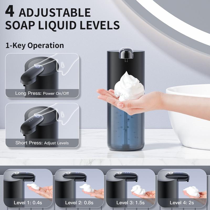 Automatic Foam Soap Dispenser 400ML, Rechargeable Liquid Hand Soap Dispenser Touchless with 4 Adjustable Levels, Motion Sensor Waterproof Wall Mount Foaming Soap Dispenser for Bathroom