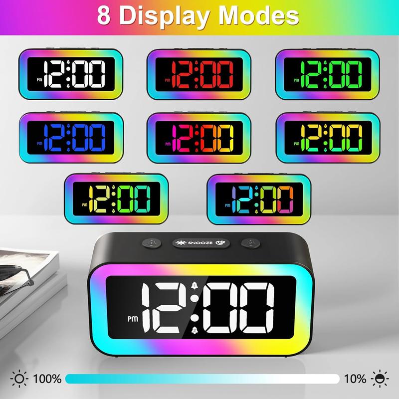 Colorful Nightlight LED Digital Alarm Clock with Super Loud Dual alarm, Weekday mode, Snooze, Dimmer, USB Charging Port for Livingroom, Bedroom, Bedside, Heavy Sleeper, Adult, Kid, Teens, gift, Black