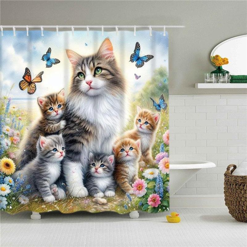 Cute Cat & Butterfly Pattern Bathroom Curtain, 1 Count Waterproof Bathroom Curtain with 12 Hooks, Bathroom Decor for Home Hotel Salon Dormitory