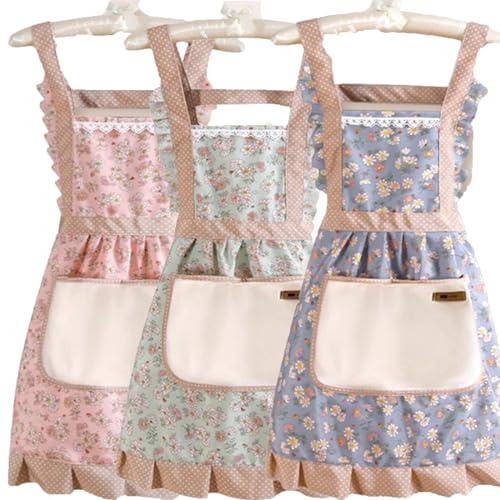 Aprons for Women with Pockets, Floral Kitchen Cooking Aprons,Waterproof Resistant Cotton Apron with Adjustable Strap and Front Pocket for Kids Kitchen,Cooking,Painting,Baking,Server,Barber Cover Gift Comfortable Wife