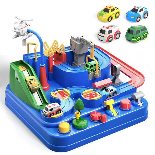 Racing Track Toy, Car Vehicles Adventure Toy with 8 Exciting Challenges, 6 Buttons& 4 Mini Cars