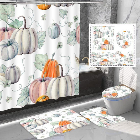 Pumpkin Pattern Bathroom Shower Curtain with Hooks, U-shaped Contour Toilet Mat, Bath Mat, Toilet Lid Seat Cover, Halloween Home Bathroom Decoration Supplies