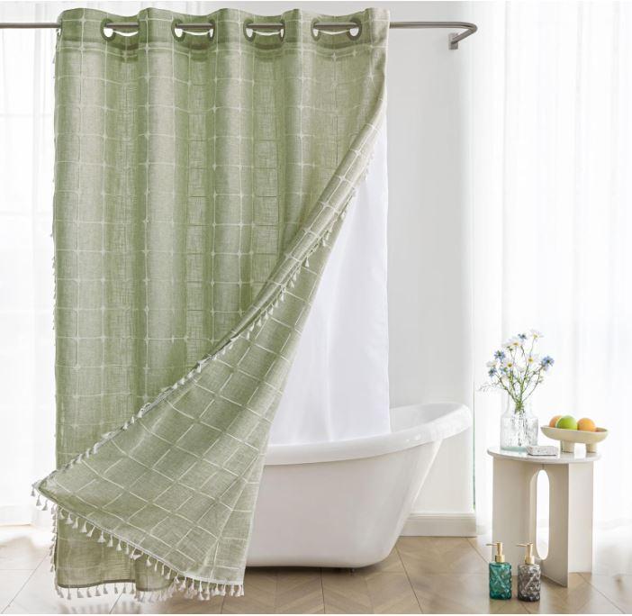 Farmhouse Shower Curtain with Snap-in Liner,No Hooks Needed,Boho Fabric Shower Curtains with Tassels for Rustic Neutral Bathroom Decor,with Magnets,Water Repellent&Machine Washable,Grey,71x74Inch,New Year gifts