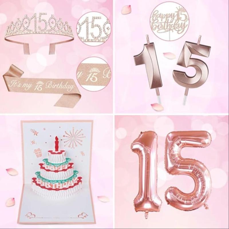 15th Birthday Balloon Decoration, 1 Set Elegant Crown & Cake Ornament, 3D Birthday Card for Girls Gifts Party