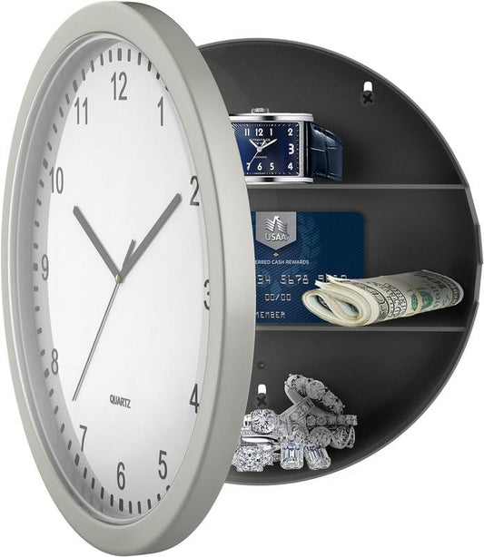 Clock Safe:10-Inch Battery-Operated Analog Clock with Hidden Wall Safe for Jewelry, Cash, Valuables, and More by Trademark Home (Silver) Decor