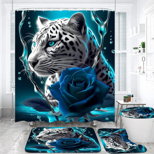 Leopard and Blue Rose Shower Curtain Sets 4Pcs Waterproof Polyester Fabric with 12 Hooks