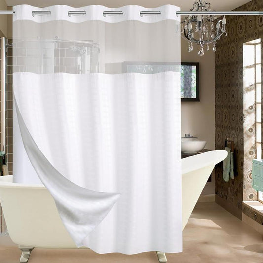 Hotel Grade Shower Curtain with Snap in Liner for Bathroom with See Through Top Window, Spa, Machine Washable, Shower Curtain (Check-White,71Wx74H)