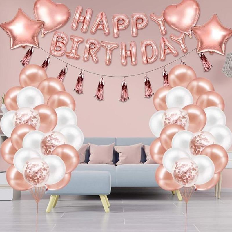 Party Balloon Set, 1 Set Rose Gold Balloon & Happy Birthday Balloon Banner, Confetti Balloon, Metallic Color Balloon, Birthday Party Decoration Supplies