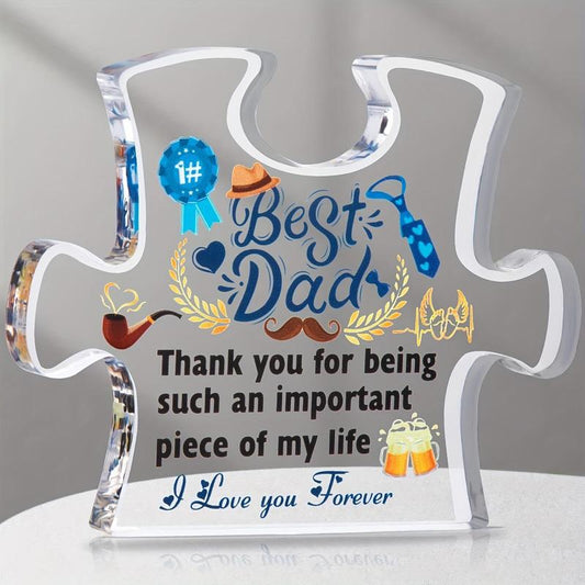 Letter Print Acrylic Plaque, 1 Count Puzzle Shaped Desk Ornament, Sweet Furniture Decor, Gift for Father, Desktop Decoration