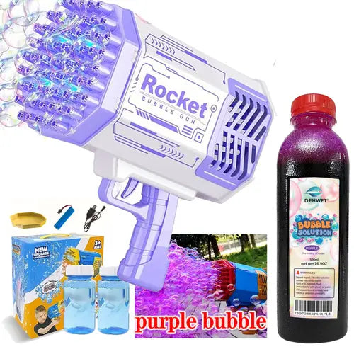 Bubble Machine Gun with 69 Holes and Colorful Lights Bubble Maker Machine,purple and blue bubble solutions