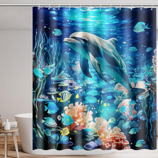 Underwater Dolphin Pattern Shower Curtain, 1 Count Waterproof Shower Curtain with 12pcs Hooks, Bathroom Decor Supplies