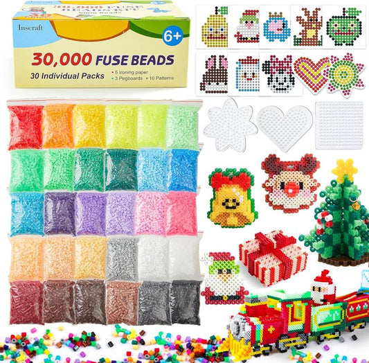 30,000 Fuse Beads Kit-30 Individual Packs of Iron Beads Set with 3 Pegboards, 5 Ironing Paper, 10 Patterns, Gifts for Birthday Christmas, Multicolor 5mm Melty Beads Bulk Refill Kit