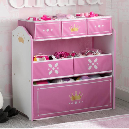 Princess Crown 6 Bin Storage Toy Organizer, Solid Wood & Fabric, White/Pink