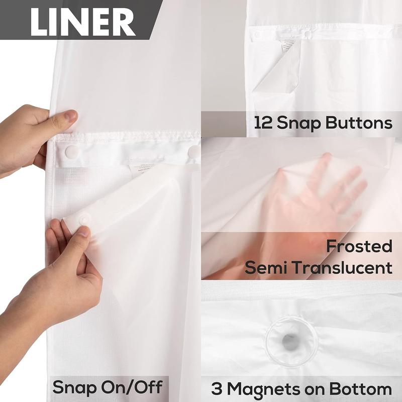 Waterproof Snap-in Shower Curtain Liner Replacement: No Hook Shower Curtain Liner Removable to Attach and Snap On/Off, Frost, 70x54