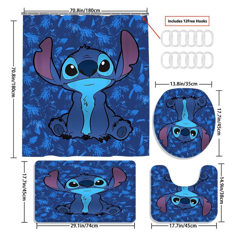 Cartoon Stitch Character Pattern Bathroom Accessories, 1 Count Shower Curtain with Hook Or 4 Counts Shower Curtain & Bath Mat Set, Halloween Decor Bathroom Decor, Bathroom Gadgets 2024, Fall Decor