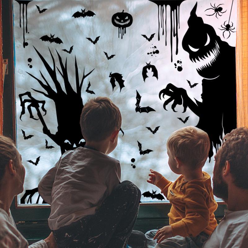 1 Sheet Halloween Window Clings, Black Ghost Bat Skull Window Clings, Spooky Reusable Static Window Stickers, Halloween Decoration, Party Supplies