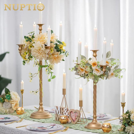 Nuptio set of 2 Candelabra Candle Holder Floor Candle Holders Gold Candlestick Holders 28 in 5 Arm Candelabras Vintage Taper Candle Holders Tall Flower Holders Table Centerpiece for Wedding Party Room Decor