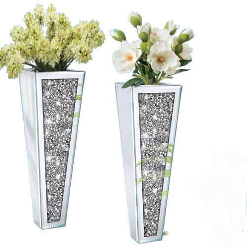 2 Pcs  Flower Vase Crushed Diamond Mirrored Hanging Planter& Geometric Decor Mirrored Container, Silver Decorative Mirror Vase Gift Glass