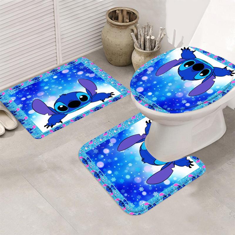 Cartoon Stitch Pattern Bathroom Curtain with 12 Hooks, 1 Count Waterproof Shower Curtain or 4 Counts/set Curtain & Mat Set, Home Decor Supplies