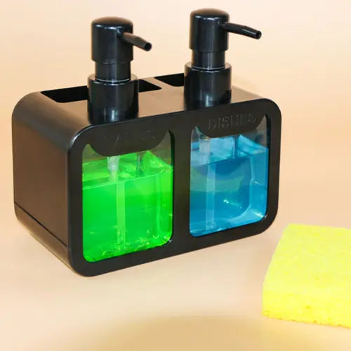 kitchen Hand Soap and Dish Soap Dispenser Set, Dual Soap Dispenser with Sponge Caddy and Brush Holder 4-in-1 Organizer for Kitchen Sink Countertop, Useful Kitchen Gadgets - Black Pump Bottle