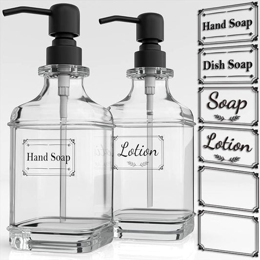 Soap dispenser - Set of 2, 18 oz (approximately 510.3 grams) vintage design thick glass manual dispenser; Equipped with 304 anti rust stainless steel pump, 6 transparent stickers, suitable for kitchen and bathroom black