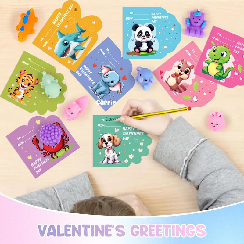 36 Packs Valentines Day Squishy Toy Gift Cards for Kids,12 Kinds Mochi to Squeeze with Greeting Cards, Valentines Day Gifts for Kids Classroom Exchange Prizes Valentine Party Favor