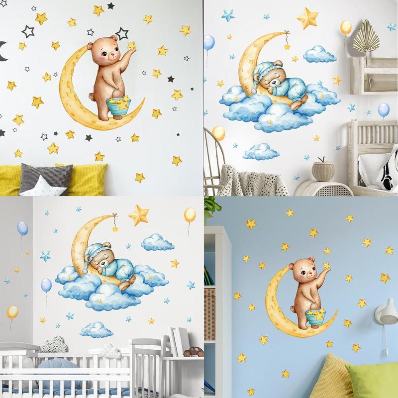 Cartoon Bear & Moon Pattern Luminous Wall Sticker, 3 Counts/set Self Adhesive Wall Decal, Decorative Sticker for Home Bedroom Living Room