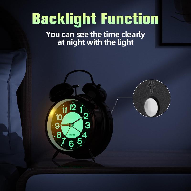 Loud Alarm Clock for Heavy Sleepers Adults, Silent Non Ticking Analog Clock with Backlight, Luminous Dial, Battery Operated Alarm Clock for Bedroom, Included Battery, Black Decor Metal