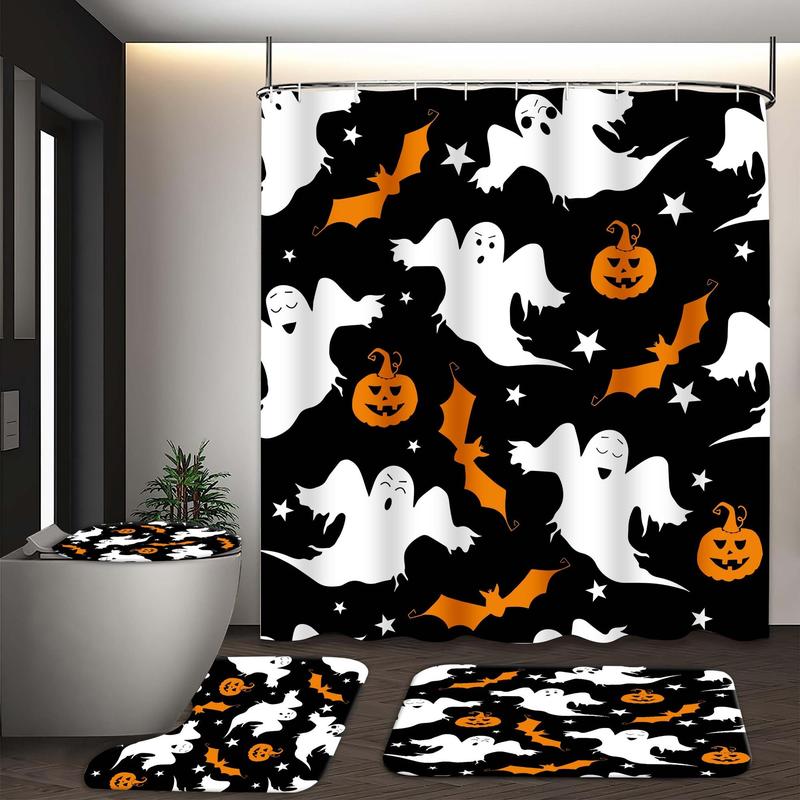 Halloween Ghost and Pumpkin Pattern Bathroom Decor Set, Shower Curtain Sets, 1 Waterproof Shower Curtain & 1 Bathroom Rug & 1 Toilet U-shape Mat & 1 Toilet Lid Cover Pad, Bathroom Accessories