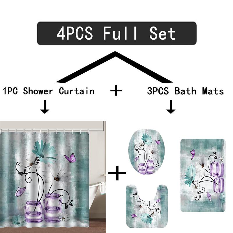 Butterfly & Flower Pattern Bathroom Shower Set, 4 Counts/set U-shaped Contour Toilet Mat Set, Bathroom Rug, Summer Gift Ideas, Summer Essentials