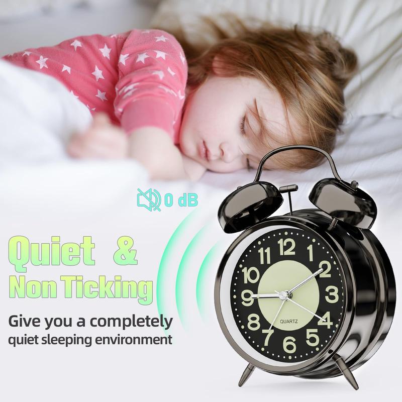 Loud Alarm Clock for Heavy Sleepers Adults, Silent Non Ticking Analog Clock with Backlight, Luminous Dial, Battery Operated Alarm Clock for Bedroom, Included Battery, Black Decor Metal